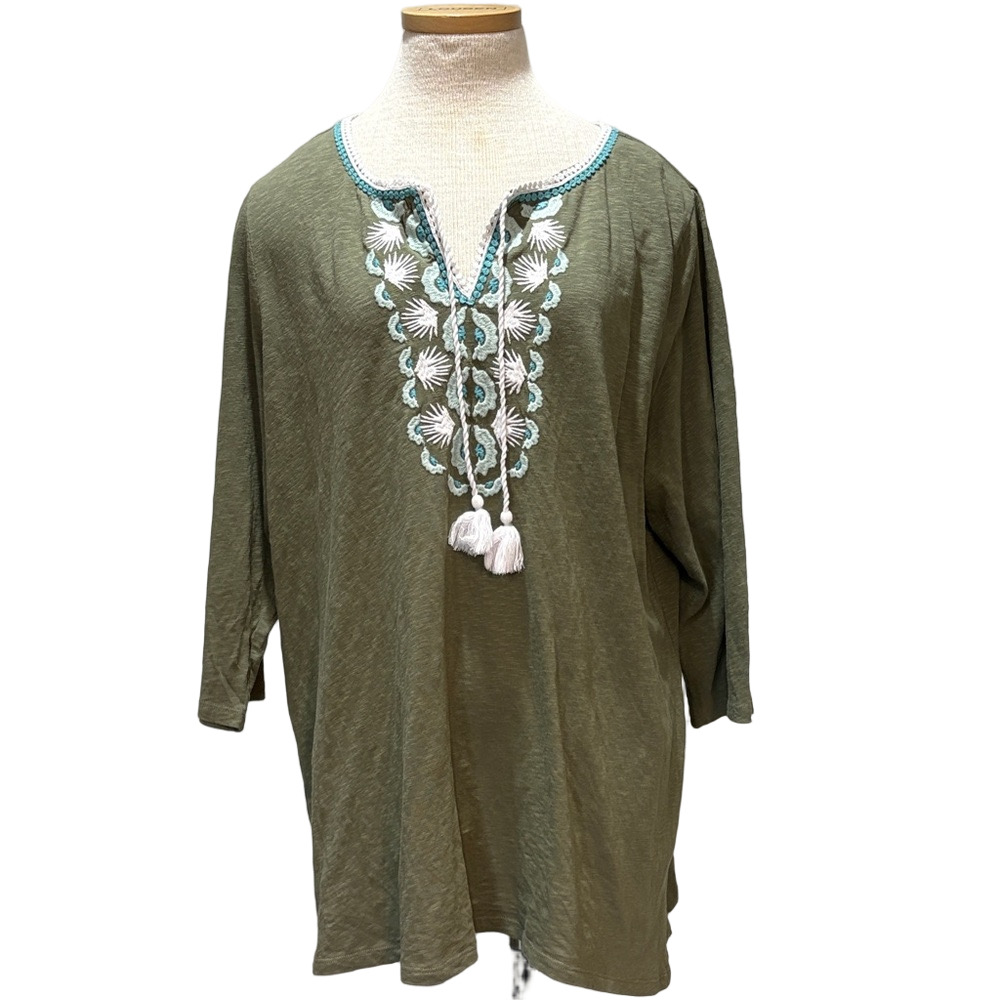 Talbots sz 2X soft green 100% cotton top with embroidery and tassels